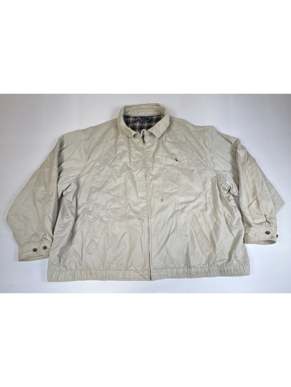 Polo by Ralph Lauren Men 4X Beige Cotton Plaid Lined Full Zip Harrington Jacket
